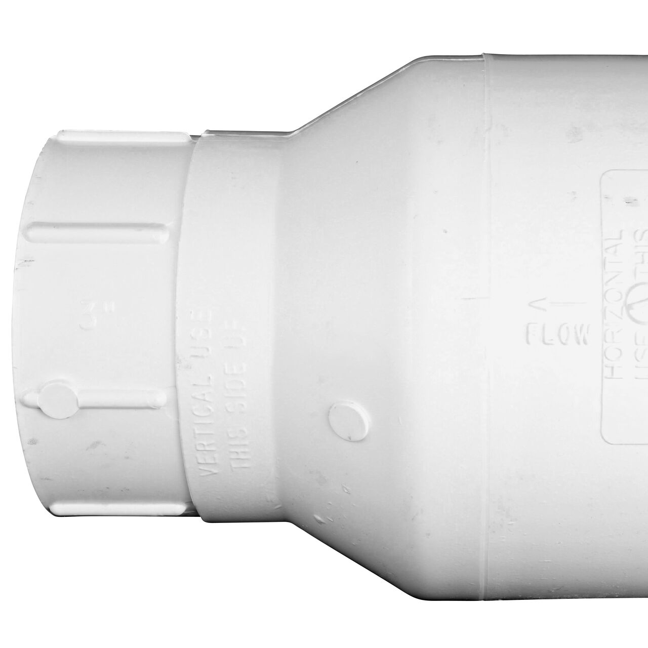 Closeup of the arrow showing water flow direction on the NDS White 3 in. slip end by slip end PVC Swing Check Valve (NDS 1520-30)