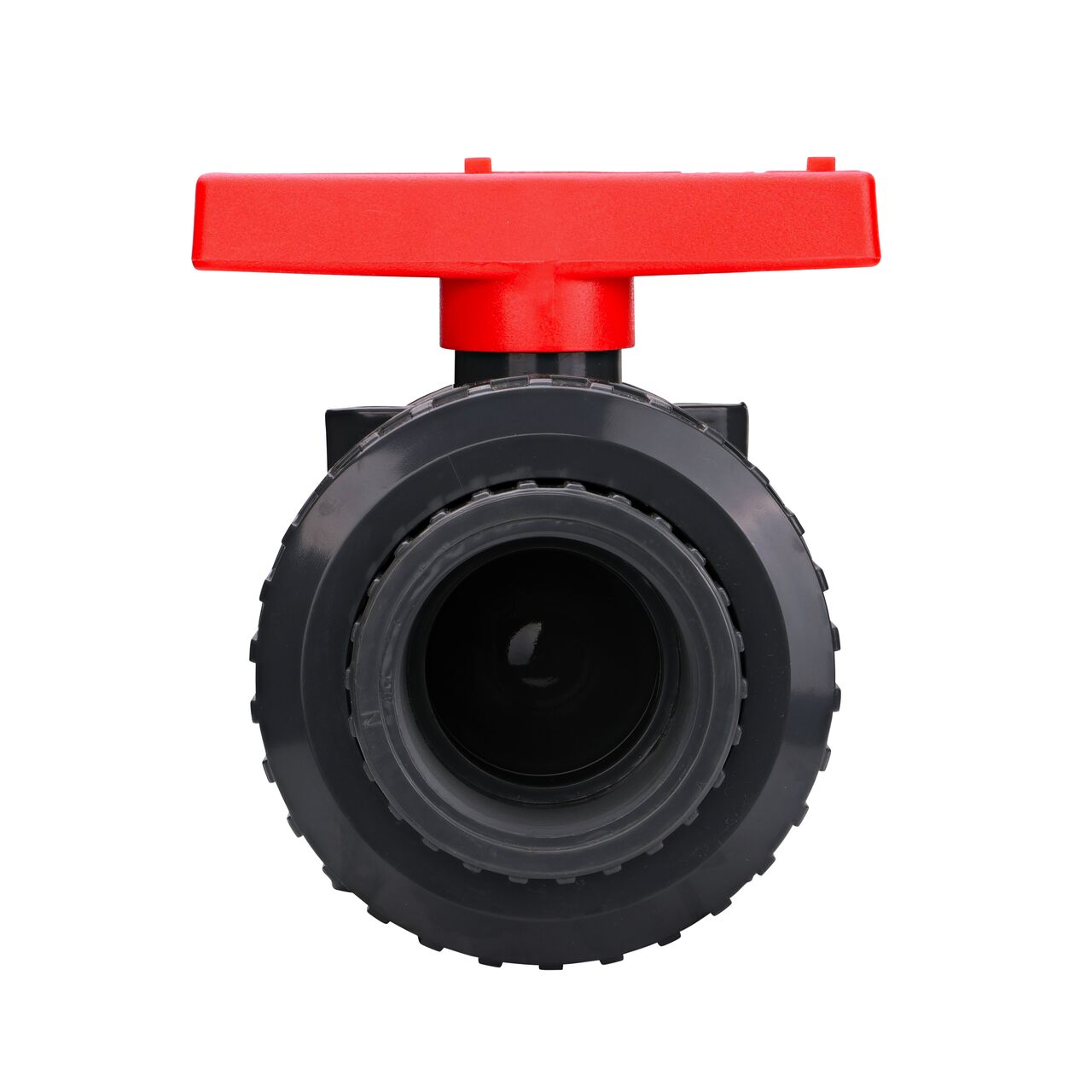 The 2 in. PVC Slip & Threaded True Union Ball Valve (NDS BTU-2000-E) shown with the connection end attached with the handle in the closed position to show how ball valve provides a shut off point in the system