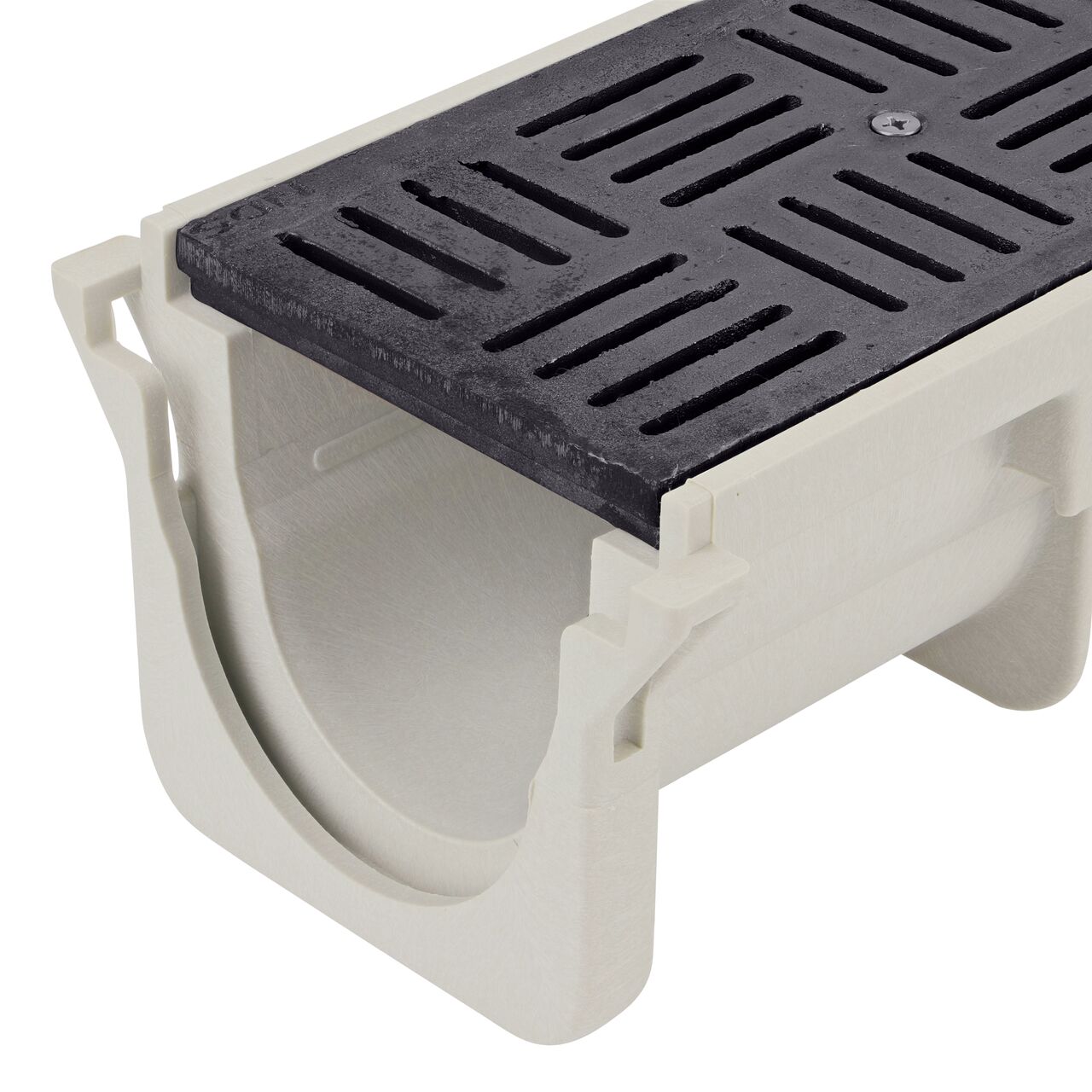 Closeup View of the ductile iron deco slot design Dura Slope™ Channel Drain Grate (NDS DS-609) installed on the Dura Slope Channel Drain (NDS DS-091)