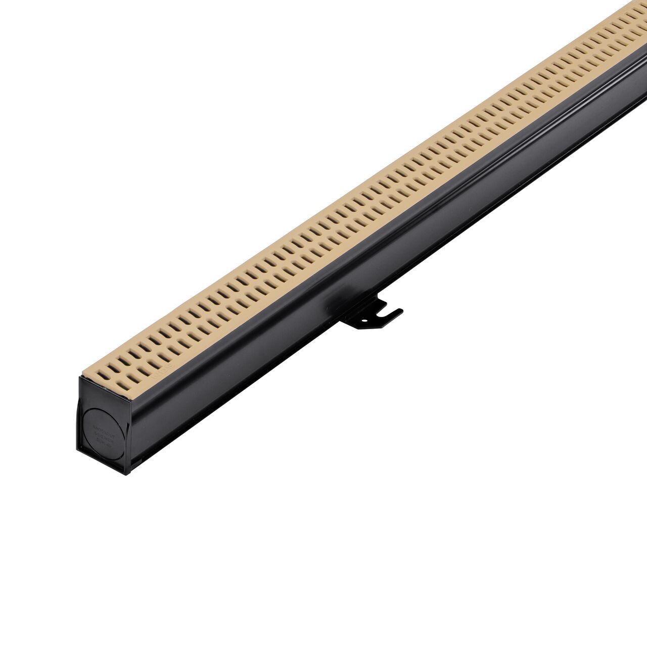 Fully assembled Slim Channel™ Drain Kit, 2-1/4 in. wide X 6 ft. long with Channel, Sand Grates, End Caps, Outlets, Coupling & Anchor Clips (NDS 9206SKITRTL, NDS 9206SKIT) for pool and spa decks, concrete and paver patios, and walkways; closeup hero shot
