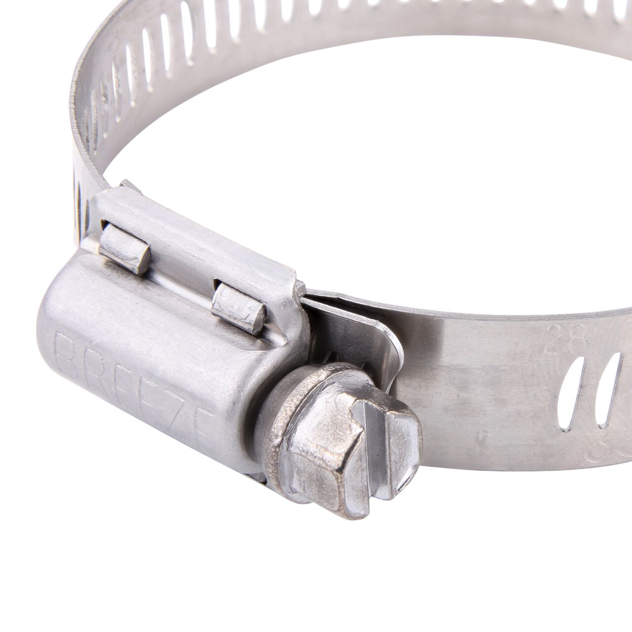 Closeup view of the NDS SAE 28 Worm Drive Hose Clamp with Aero Seal 1/2 in. band width (NDS 64028H) with a 5/16 in. 410 Stainless Steel hex screw; tighten to 30-45 in. lbs. torque to close
