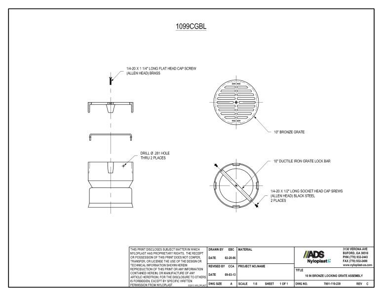 10" Bronze Locking Grate Assembly Nyloplast Detail