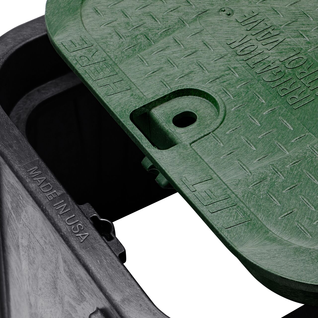 Align the bolt hole on the lid with the universal locking mechanism hole on the box from the NDS 14 X 19 in. Rectangular Pro-Spec® Series black Box and green Irrigation Control Valve Cover (NDS 313BCB) for a secure fit