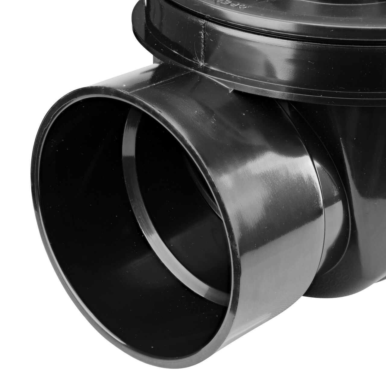 Closeup of the inlet end of the NDS Black 6 in. ABS Backwater Valve (NDS 675)