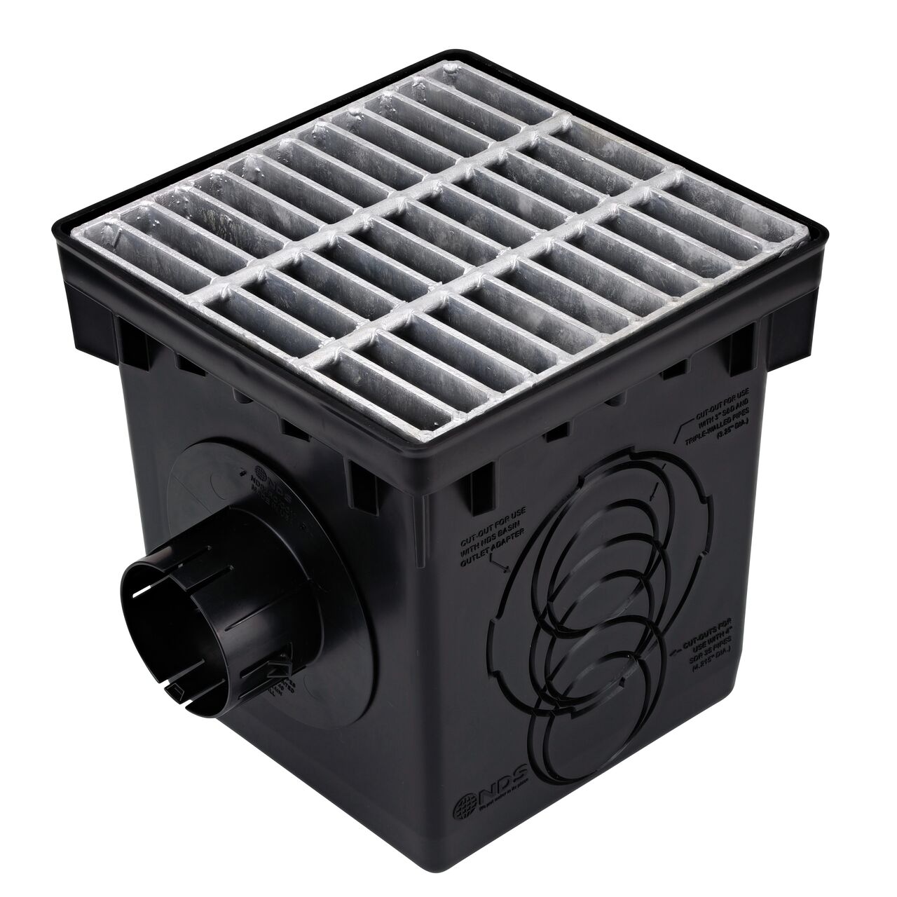NDS black plastic 12 in. Catch Basin Drain Kit with Galvanized Steel Grate (NDS 1200MTLKIT) drains water as it blocks pipe-clogging debris