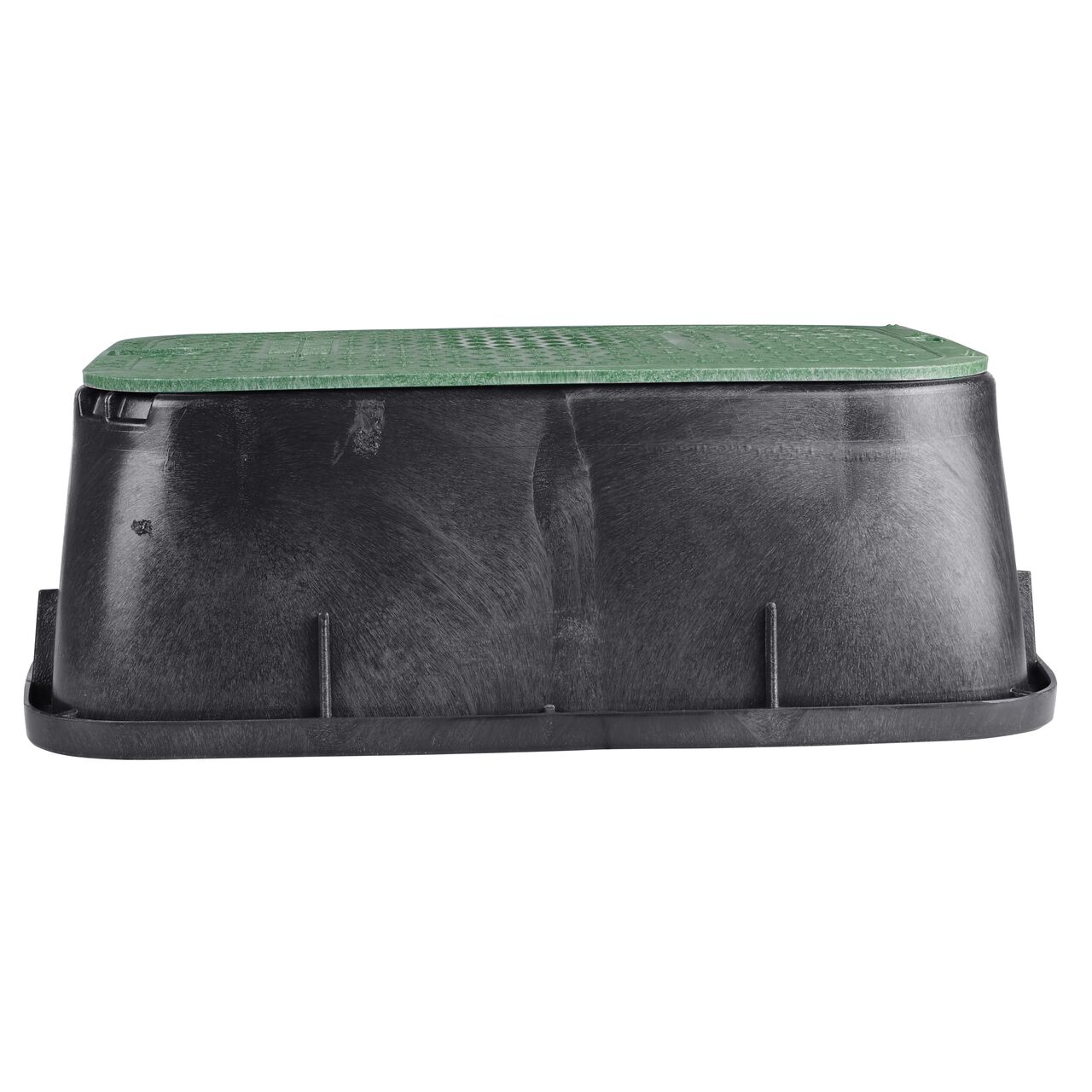 Side view of the longer length side of the NDS 14 in. x 19 in. Rectangular Standard Series Valve Box Tapered Extension & Irrigation Control Valve Cover (NDS 115TBC) which is engineered for superior strength with structural reinforcing ribs