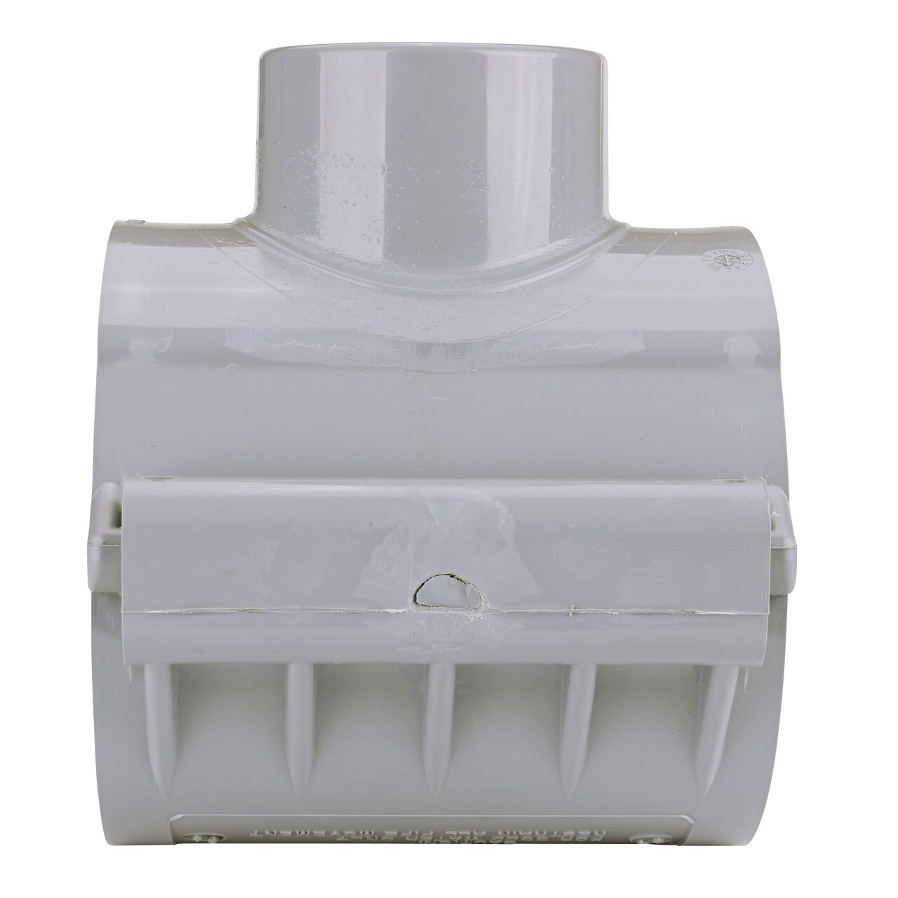 Side view showing hinged side of the NDS Clamp-It™ Rigid PVC Saddle with 2 in. slip connection on top (NDS 454020) for 4 in. PVC pipe