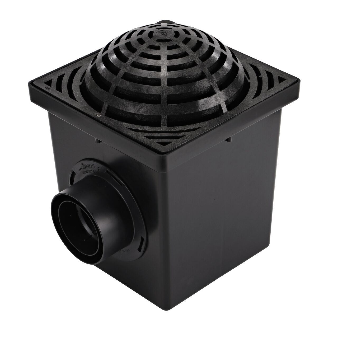 Black Plastic 12 in. Square Atrium Catch Basin Drain Grate (NDS 1290) installed on a black plastic 12 in. Catch Basin Drain with 2 Openings (NDS 1200*); retail