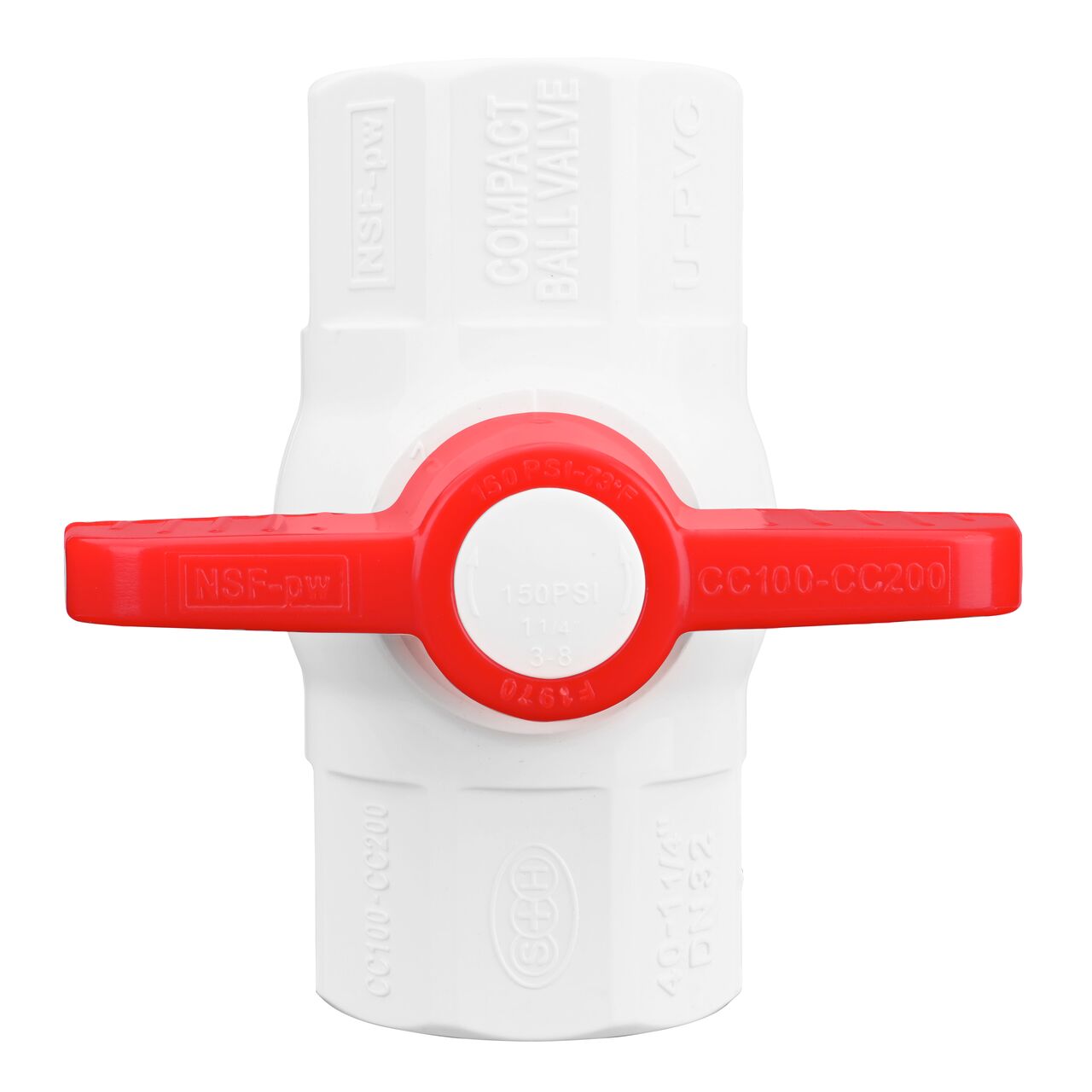 Closeup of the NDS IPS Ball Valve showing that the handle is made of durable PVC material perfect for irrigation or other pressurized system (NDS E1410-12)