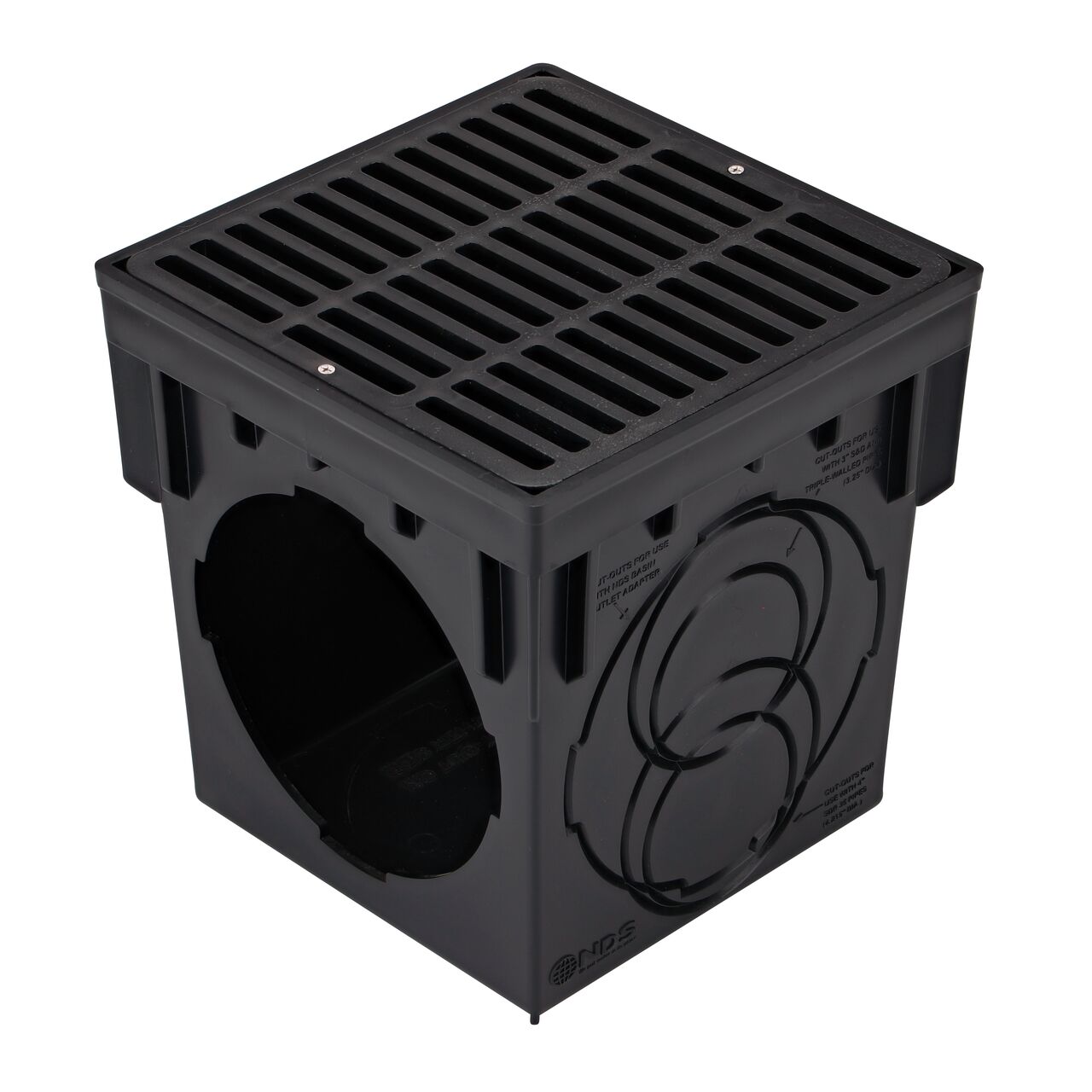 9 in. black plastic grate (NDS 980) installed on a black plastic 9 in. Catch Basin Drain with 2 Openings (NDS 900)