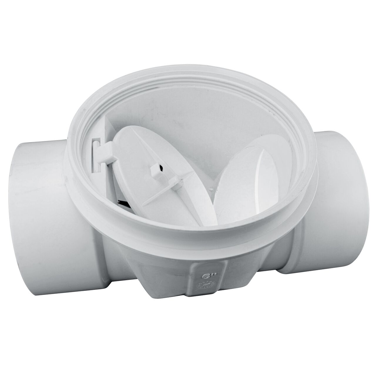 The flapper opened inside of the NDS White 6 in. PVC Backwater Valve (NDS 675P) controls the flow of water