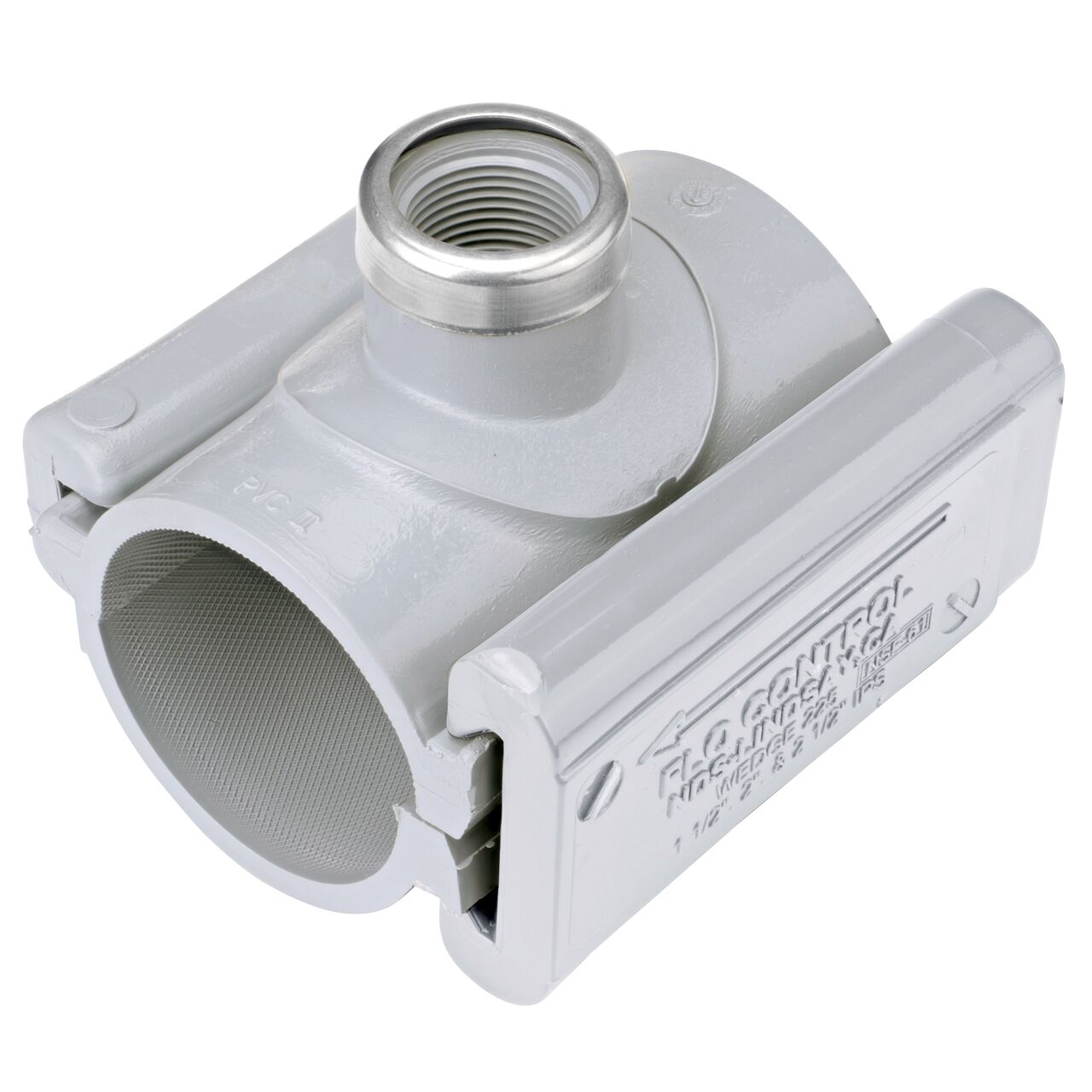 The 3/4 in. FPT outlet at the top of the NDS Clamp-It™ Rigid PVC Saddle (NDS 422007) for 2 in. PVC pipe adds a riser or sprinkler to an existing pipeline for agricultural or mining applications