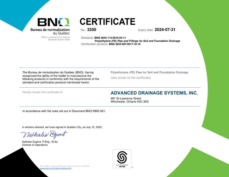 BNQ 3624-115 Polyethylene Pipe and Fittings CERTIFICATE