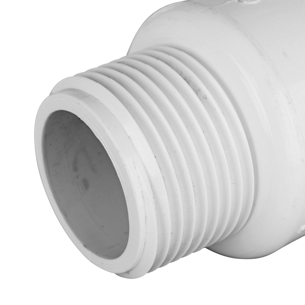 Closeup view of the PVC Compression Adapter, 1 in. IPS UC X 1 in. IPS MPT socket end showing adjustable nut removed and once installed provide a leak-resistant connection between two pipes (NDS CPA-1000)
