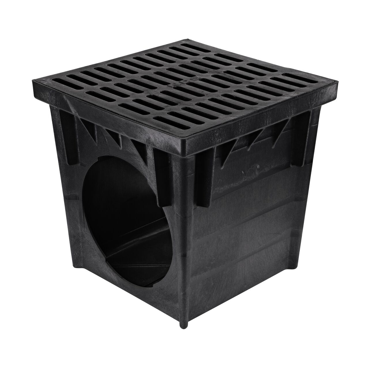 24 in. Square Catch Basin Drain Grate, Cast Iron (NDS 2413) installed on a 24 in. catch basin (NDS 2400) and drains water as it blocks pipe-clogging debris