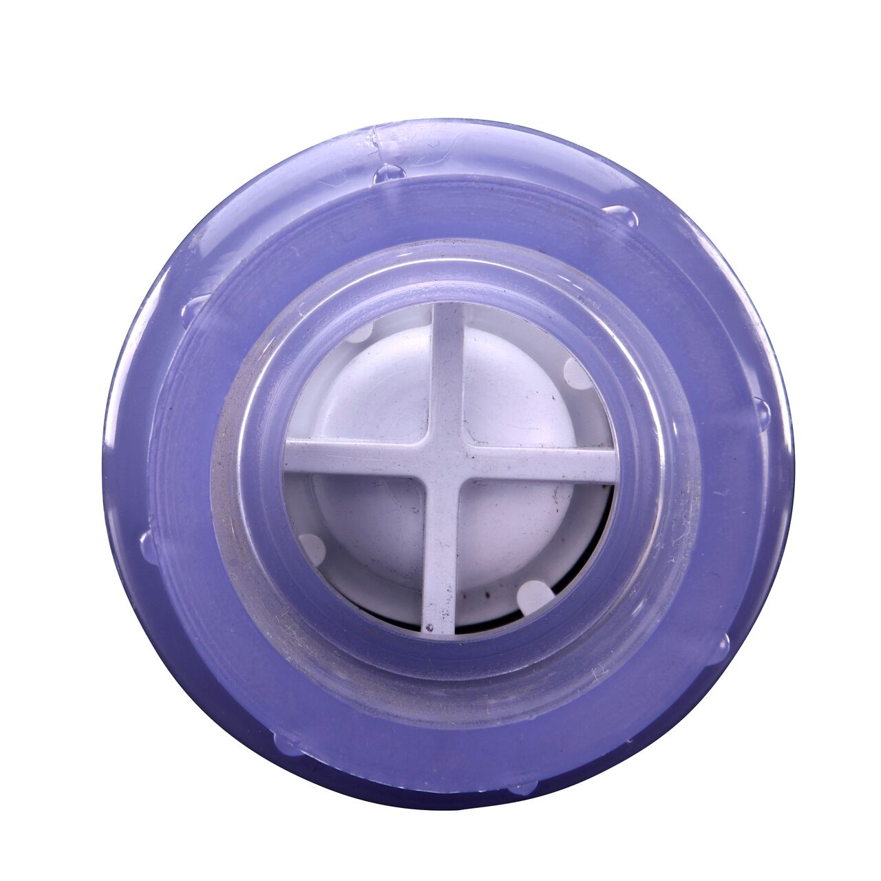 Straight on view of the NDS Clear 1 in. slip end PVC Spring Check Valve (NDS 1011C10) showing the flapper