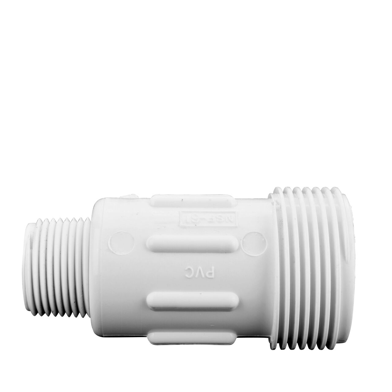 PVC Compression Adapter, 3/4 in. IPS UC X 3/4 in. IPS MPT with the adjustable nuts removed showing the body sleeve that connects with 3/4 IPS and MPT pipe to create a corrosion-free connection (NDS CPA-0750)
