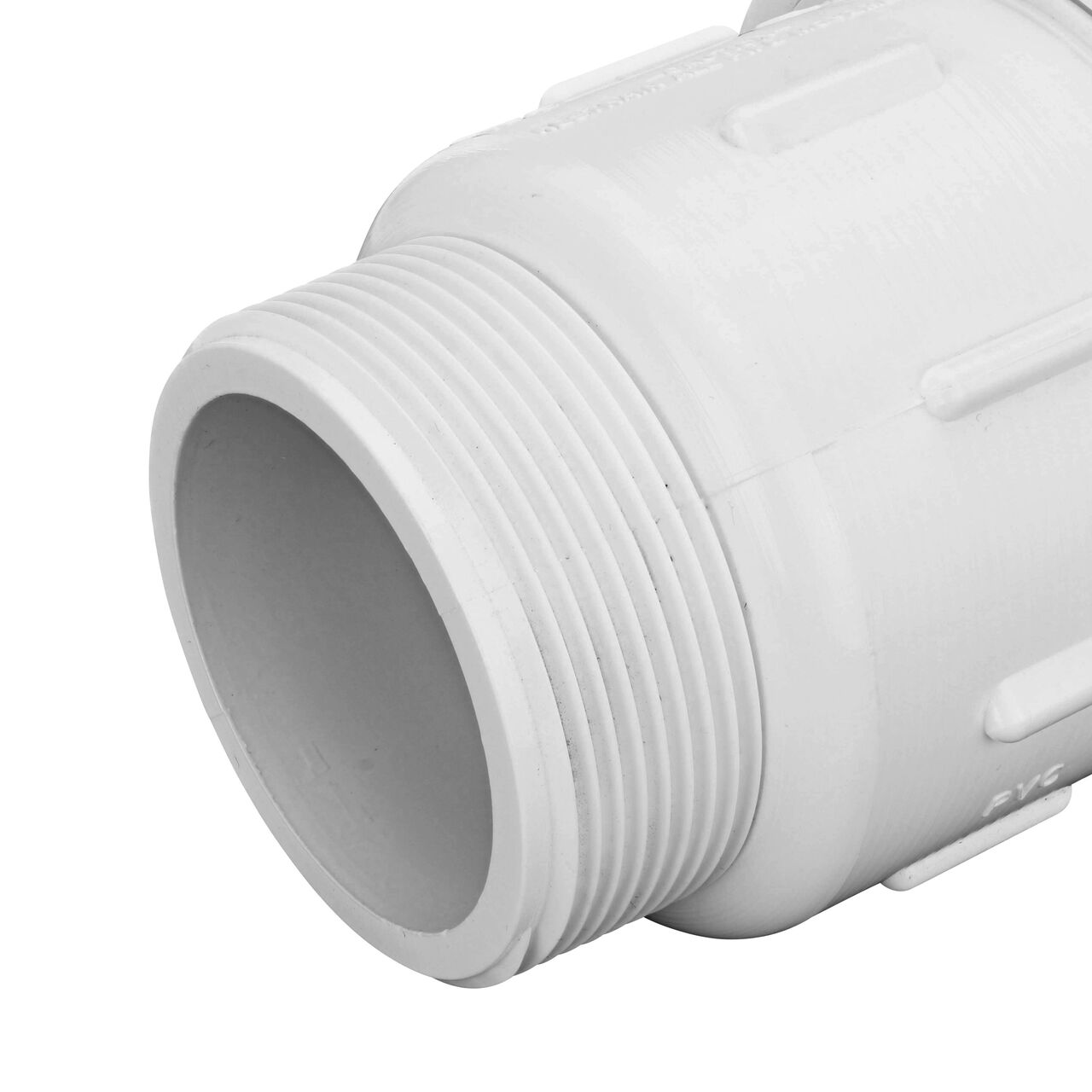 Closeup view of the PVC Compression Adapter, 2 in. IPS UC X 2 in. IPS MPT socket end showing adjustable nut removed and once installed provide a leak-resistant connection between two pipes (NDS CPA-2000