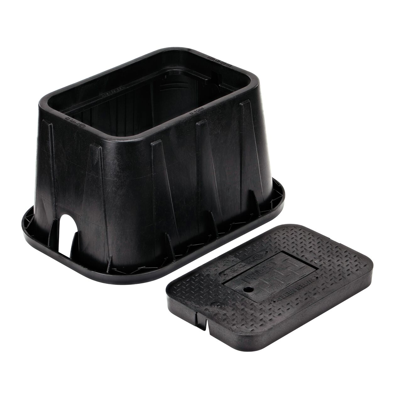 Unassembled view of the NDS 14 in. X 19 in. Rectangular Meter Box and Drop-In Reader Cover comes with a black box and black plastic water meter cover (NDS D1200-DIRB)