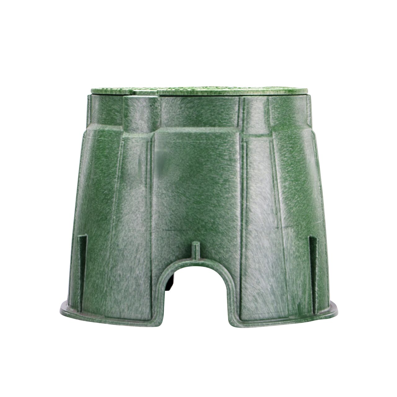 Side view of the NDS 10 in. Round Pro-Spec® Series Valve Box & Sewer Cover (NDS 312BCS) rugged enclosure that features a pipe hole for water and irrigation pipe connections