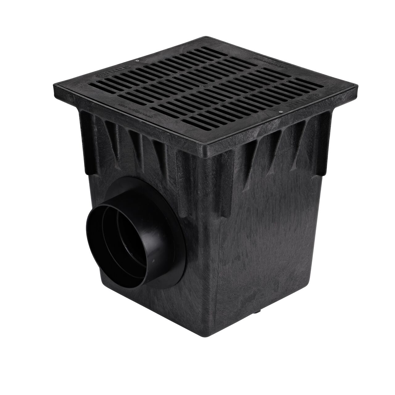Black plastic 18 in. Catch Basin Drain Kit (NDS 1882BLKIT) with a black grate (NDS 1811), adapter (NDS 1266) that connects to 6 in. drainage pipes, and plug (NDS 1206)