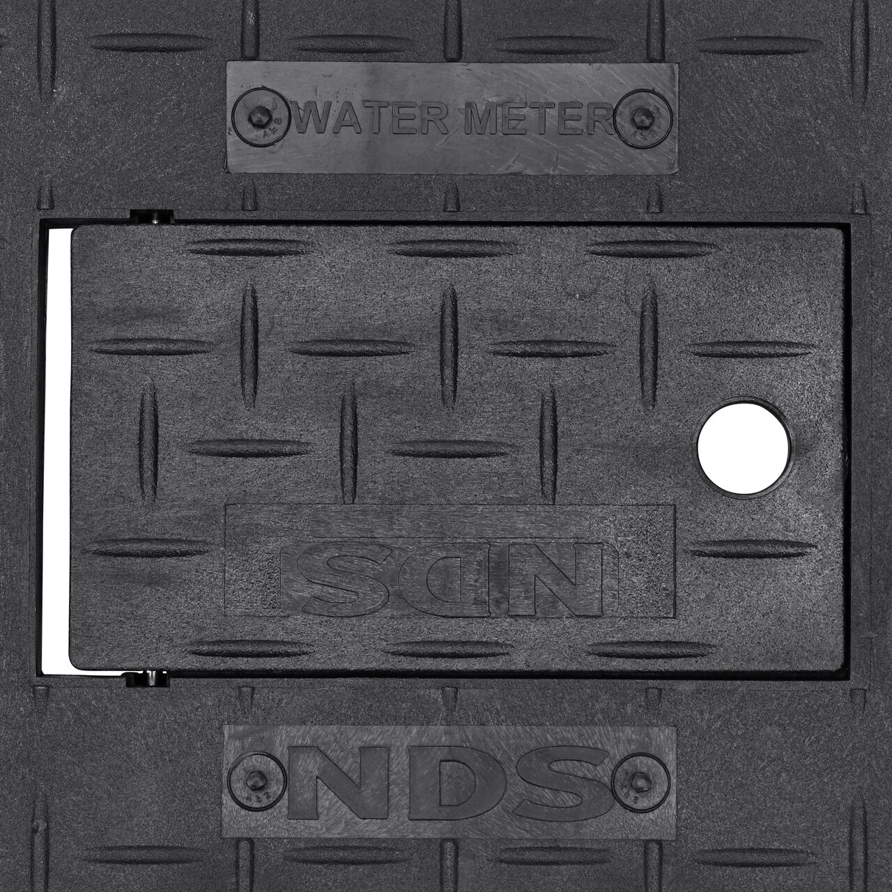 Closeup view of the Water Meter markings and Plastic reader door on the Black Water Meter Drop-in cover for the NDS 10 in. X 15 in. Rectangular Standard Series Meter Cover (NDS D1000-RBL)