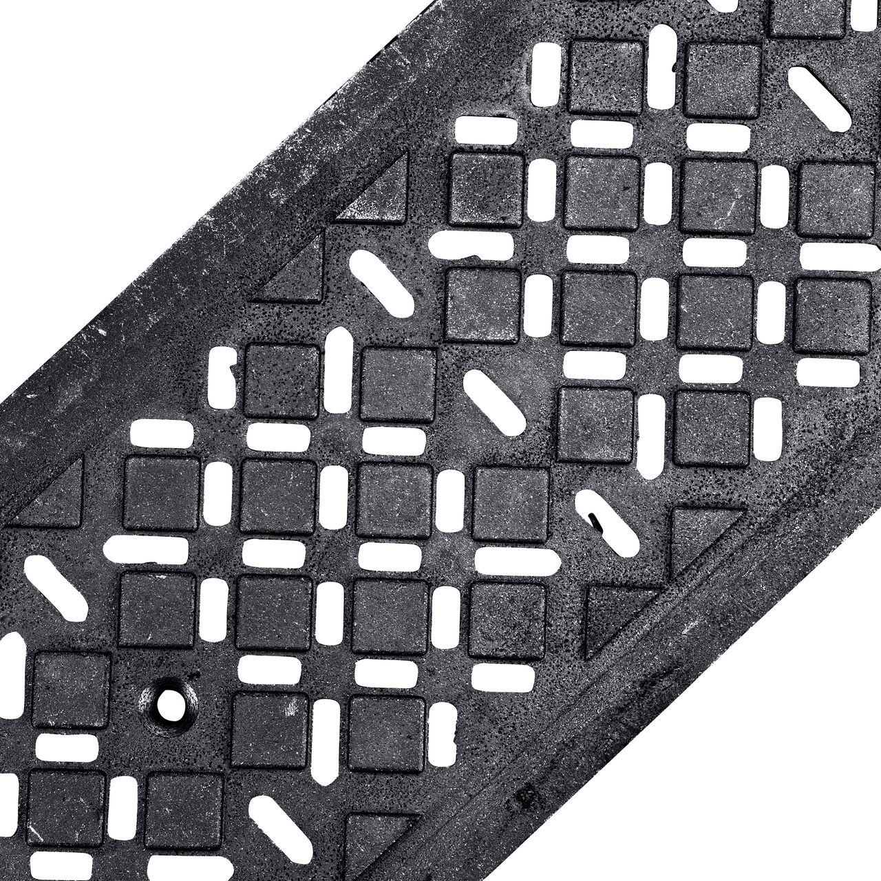 Angled View of the ductile iron Dura Slope™ Channel Drain Grate (NDS DS-602) decorative diamond pattern design