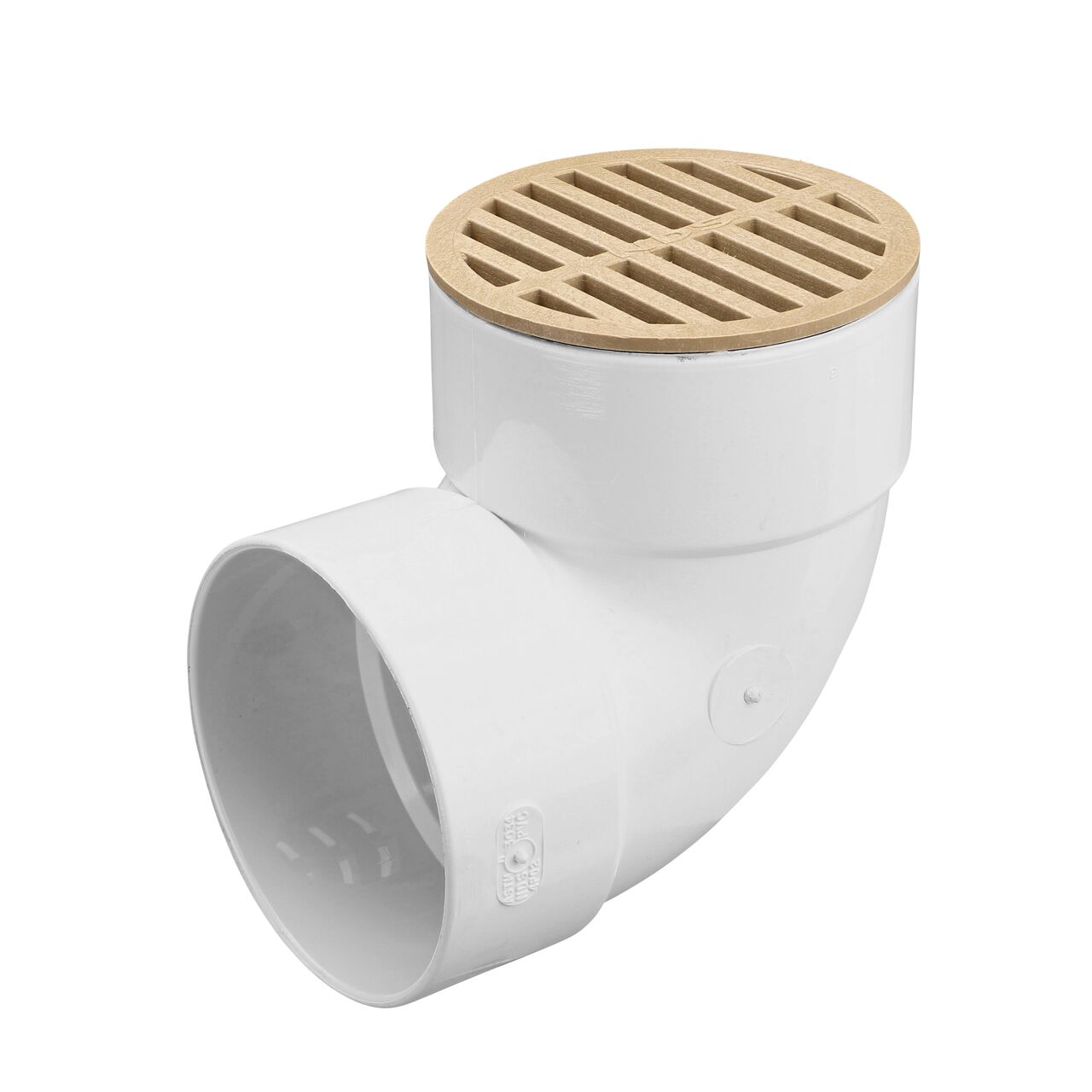 NDS Sand 4 in. Round Grate (NDS 13S) attached to a 4 in. Elbow (NDS 4P02 )