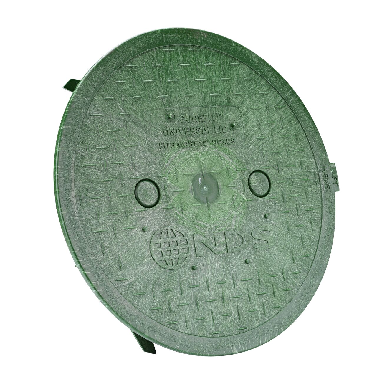 10 in. Round SureFit Universal Valve Box Lid tilted to the side; top of cover shown (NDS 10RND-UC)