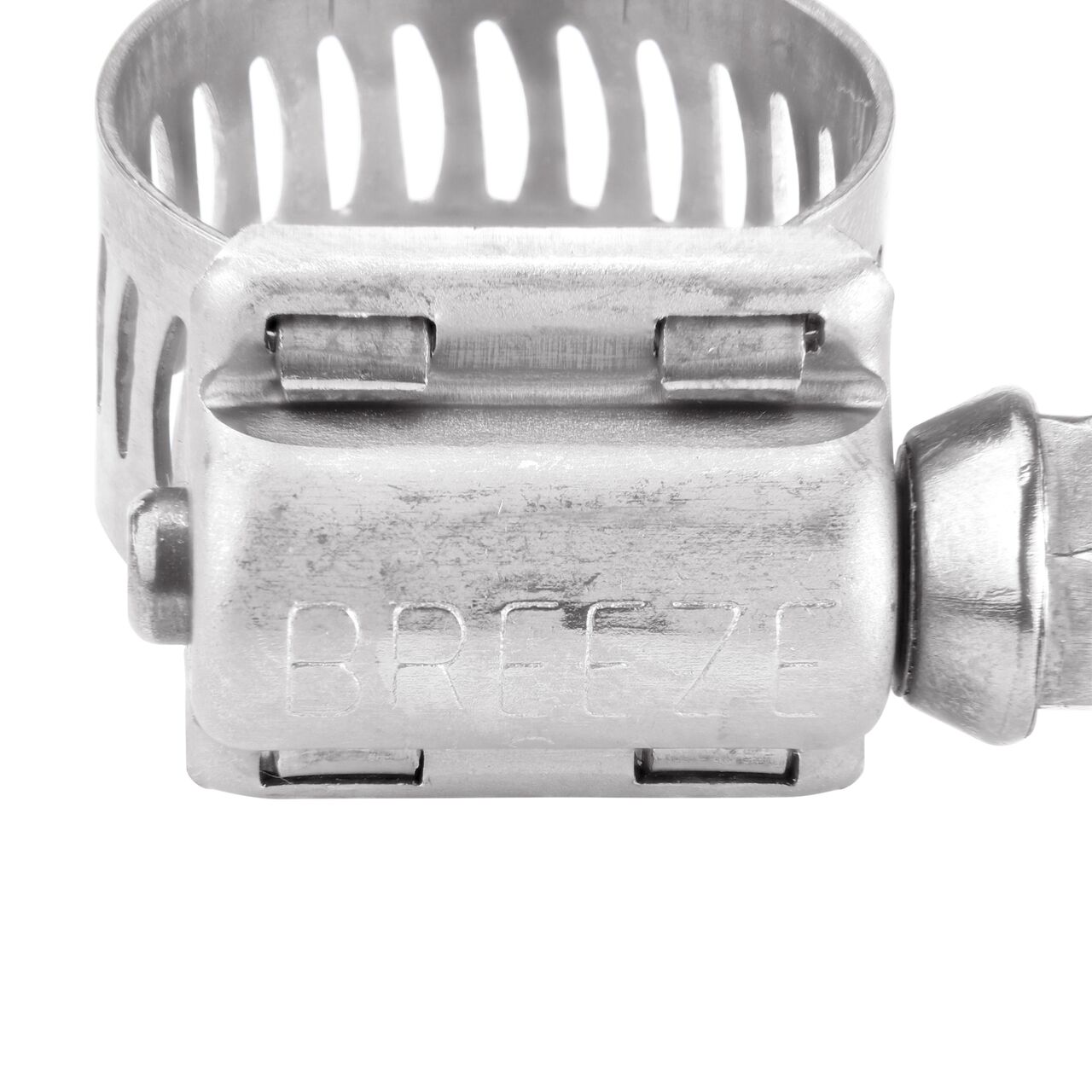 Closeup view of the two-piece clamp housing made of Series 300 Stainless Steel on the NDS SAE 6 Worm Drive Hose Clamp with Aero Seal 1/2 in. band width (NDS 64006H)
