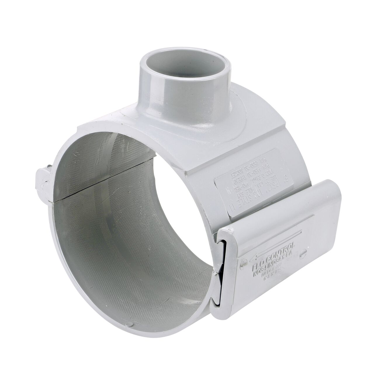 The NDS Clamp-It™ Rigid PVC Saddle with 2 in. slip connection on top (NDS 456020) for 6 in. PVC pipe has a patented wedge design to install a sprinkler irrigation system to existing pipe without any bolts