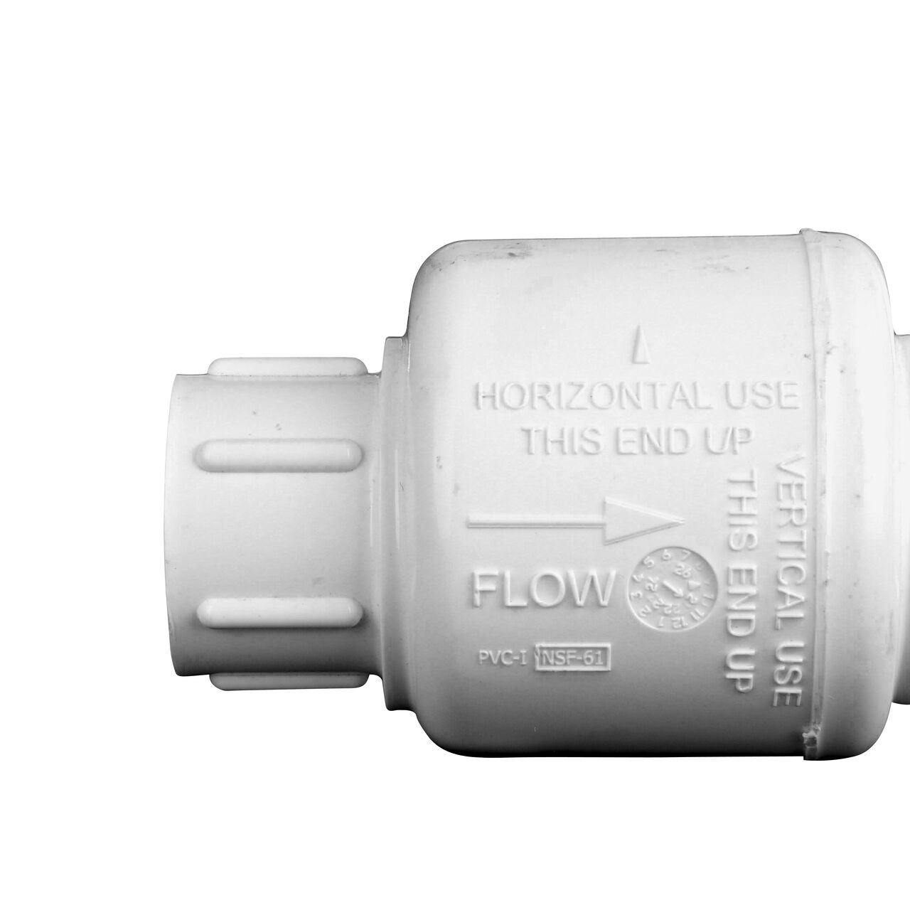 Closeup of the arrow showing water flow on the NDS White 1/2 in. slip end by slip end PVC Swing Check Valve (NDS 1520-05)