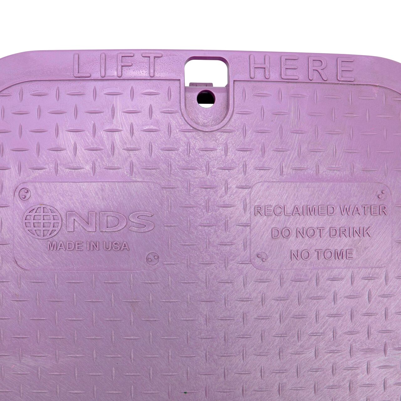 Closeup view of the Reclaimed Water markings on the Purple Reclaimed Water cover (NDS 317CR) for the NDS 13 in. X 20 in. Rectangular Pro-Spec® Series Valve Box