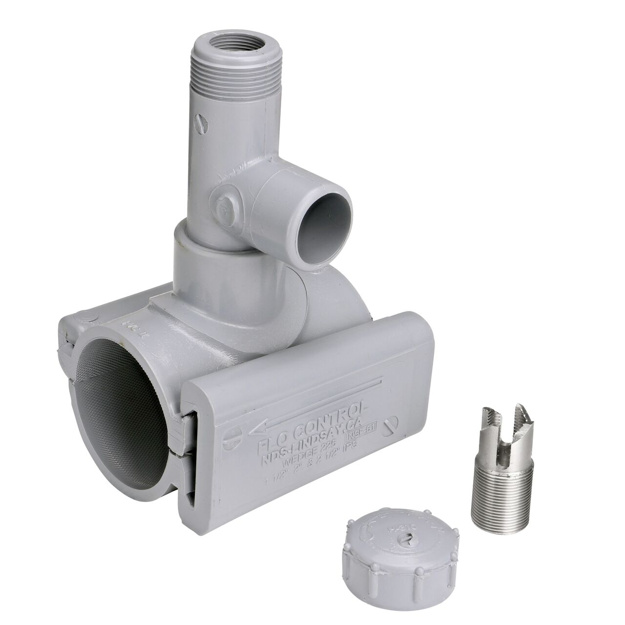 Unassembled view of the 2 in. NDS Flo-Tap™ Rigid PVC saddle with 3/4 in. socket or 1 in. spigot connection on top (NDS 3120) includes a patented wedge to secure on PVC pipe and built-in saw tooth cutter with cap at the top