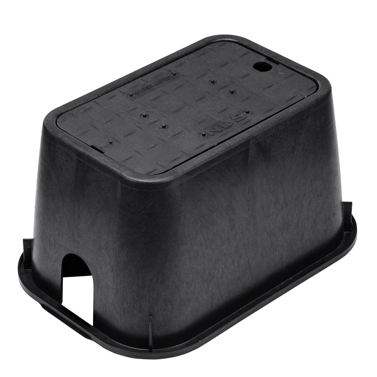 The NDS 10 in. X 15 in. Rectangular D1000 Series Meter Box and Cover is a 10 in. high Black Box and Black Cover with Water Meter markings on the Drop-In lid (NDS D1000-SB) with a Plastic reader door and protects underground irrigation and sprinkler system components and keeps them out of sight
