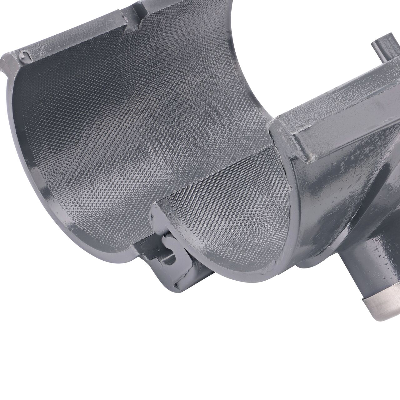 Closeup of the hinge open on the NDS Clamp-It™ Rigid PVC Saddle with 1-1/4 in. FPT connection on top (NDS 443012) for 3 in. PVC pipe