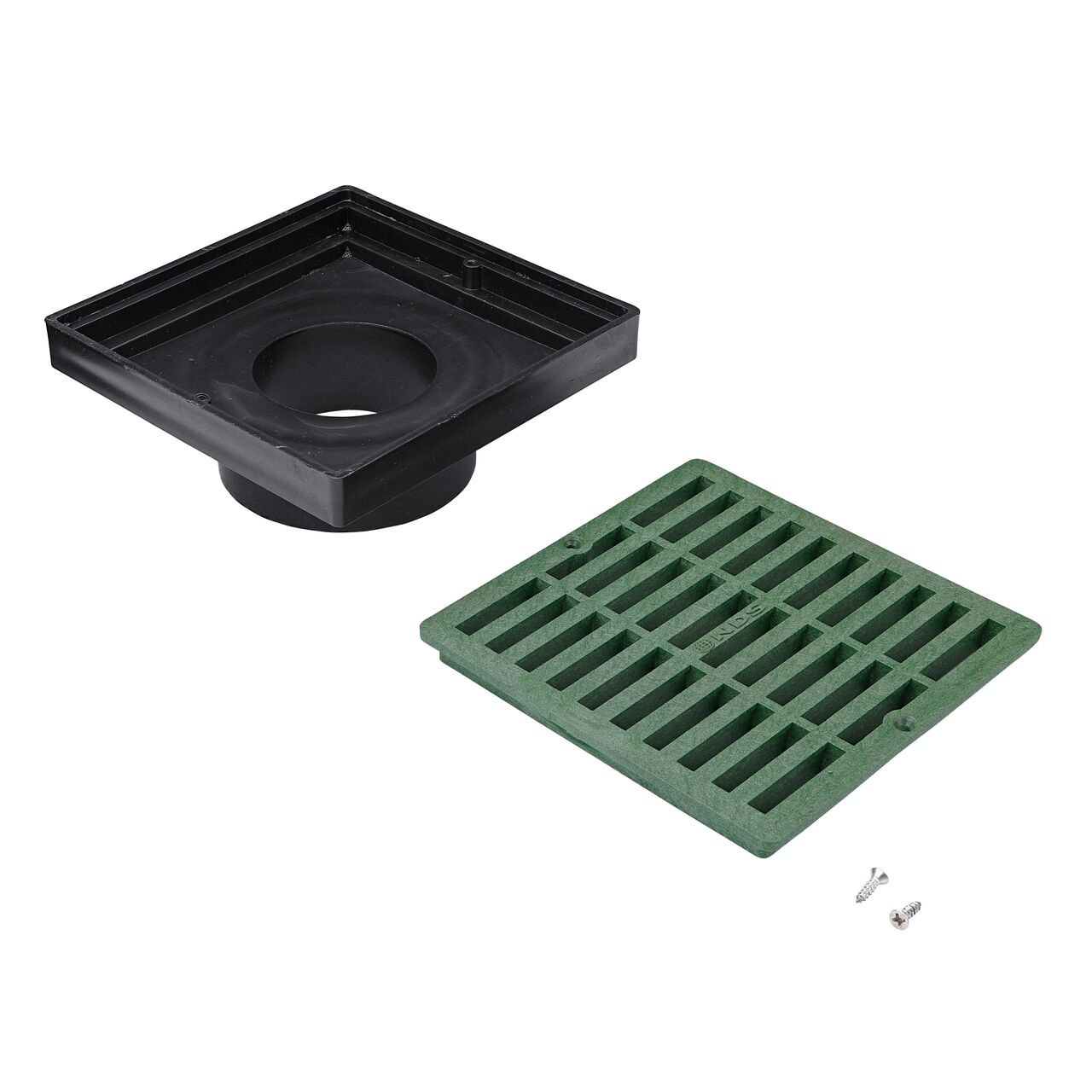 Unassembled view of the adapter and the NDS 6 in. Square Grate (NDS 641)