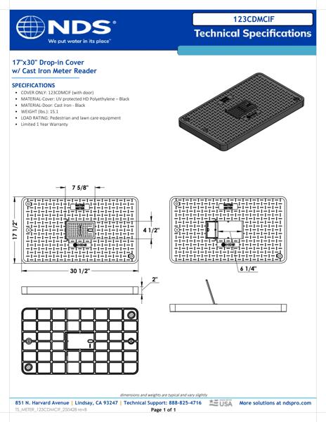 NDS 17 in. X 30 in. Rectangular Meter Box Drop-in Cover, Black Water Meter with Cast Iron Reader Tech Spec