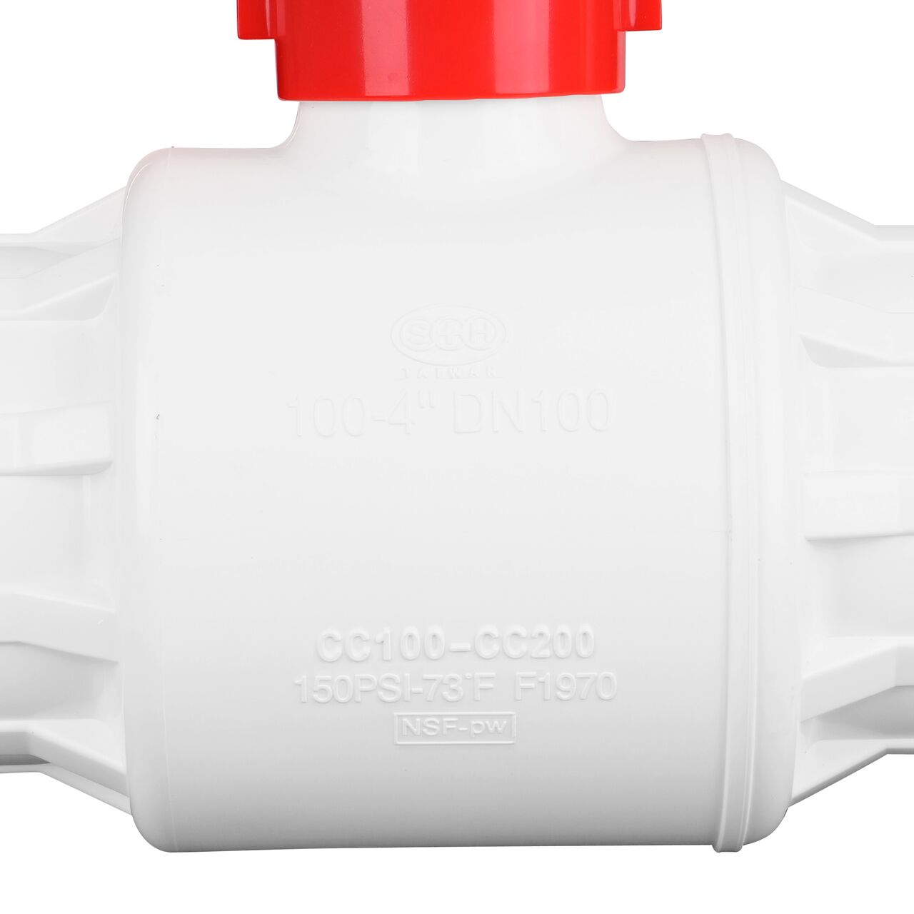 Closeup of the NDS IPS Ball Valve showing that the handle is made of durable PVC material perfect for irrigation or other pressurized system (NDS E1410-40)