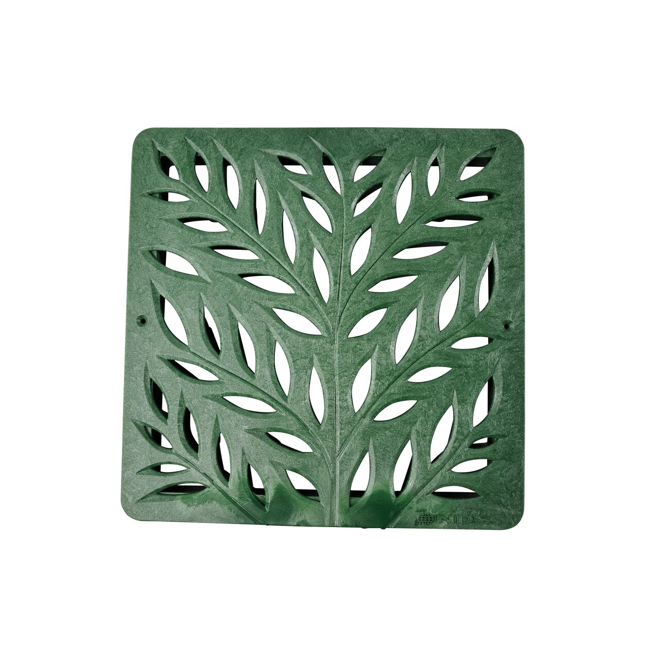 Alternate top down view of NDS 12 in. Square Catch Basin Drain Grate, Decorative Botanical Design, Green Plastic (NDS 1218GR) showing grate design