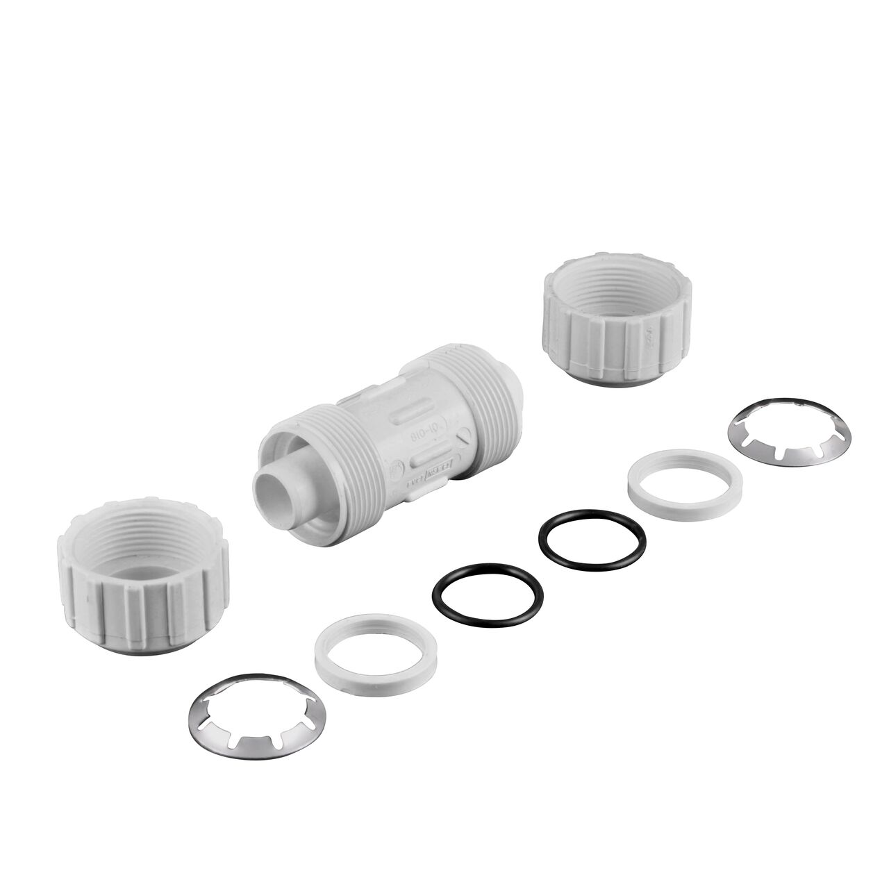 The NDS 1 in. SIDIR-7 Flo-Lock™ Gripper Coupling for PE Pipe fully unassembled showing the steel gripper, EPDM O-Ring and stiffner (NDS 810-10)