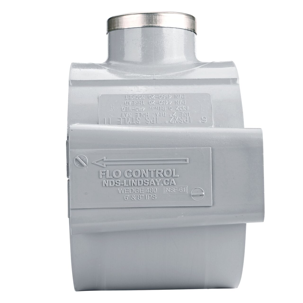 Side view showing patented wedge design in locked position on the NDS Clamp-It™ Rigid PVC Saddle with 2 in. FPT connection on top (NDS 446020) for 6 in. PVC pipe