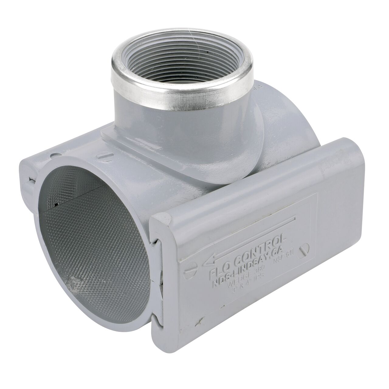 The NDS Clamp-It™ Rigid PVC Saddle with 2 in. FPT connection on top (NDS 443020) for 3 in. PVC pipe has a patented wedge design to install a sprinkler irrigation system to existing pipe without any bolts