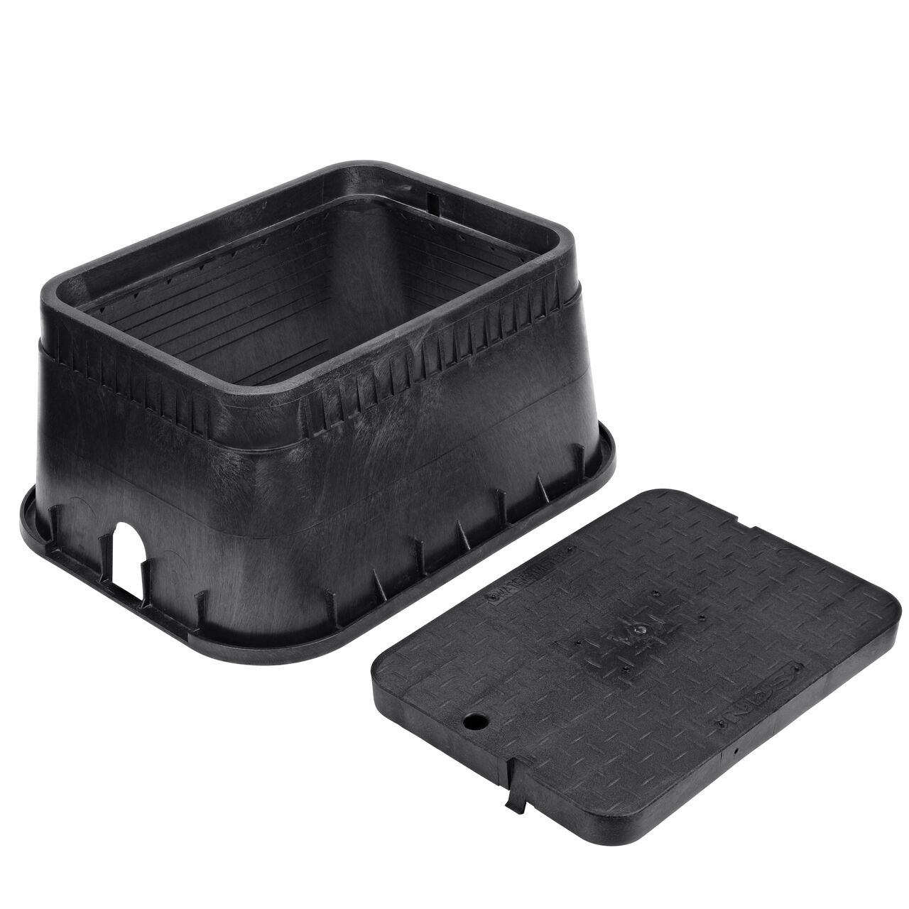 Unassembled View of the NDS 13 in. X 20 in. Rectangular Standard Series meter box and Black Water Meter Drop-In lid cover (NDS D1500-DISB)