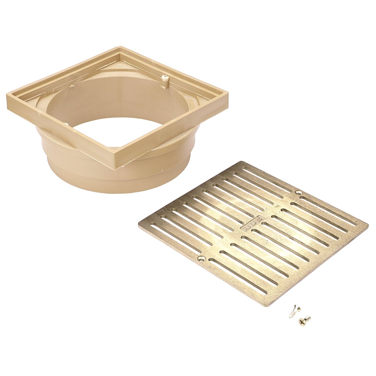 Unassembled view of the adapter and the NDS 6 in. Square Grate (NDS 921B)
