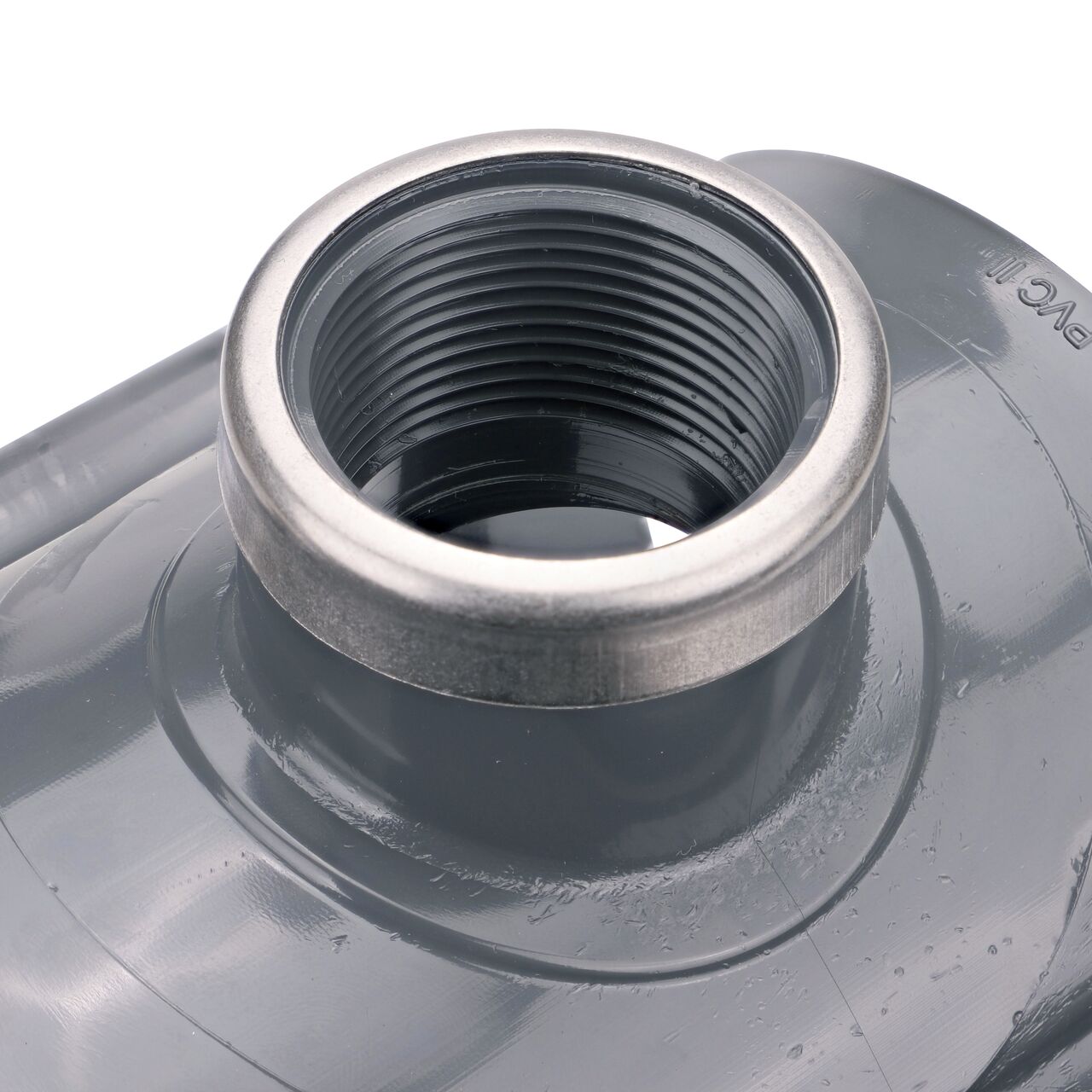 Closeup of the 1-1/4 in. FPT connection on the NDS Clamp-It™ Rigid PVC Saddle (NDS 444012) for 4 in. PVC pipe