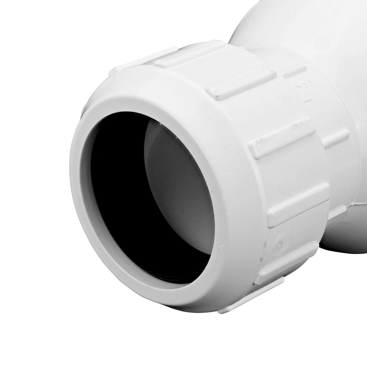 Closeup of outlet compression end of the NDS White 2 in. PVC Compression Swing Check Valve (NDS 1500-20)