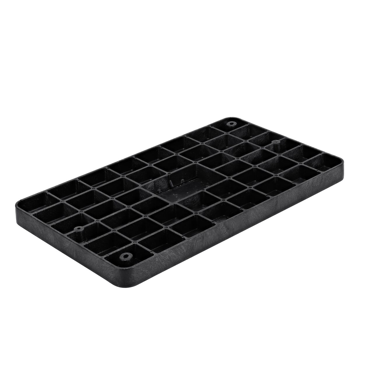 Bottom view of the reinforced ribs and Cast Iron reader door on the NDS 17 in. X 30 in. Black Water Meter Drop-In cover (NDS 123CDMCIF) that fits the NDS 10 X 15 in. Pro Series Meter Box