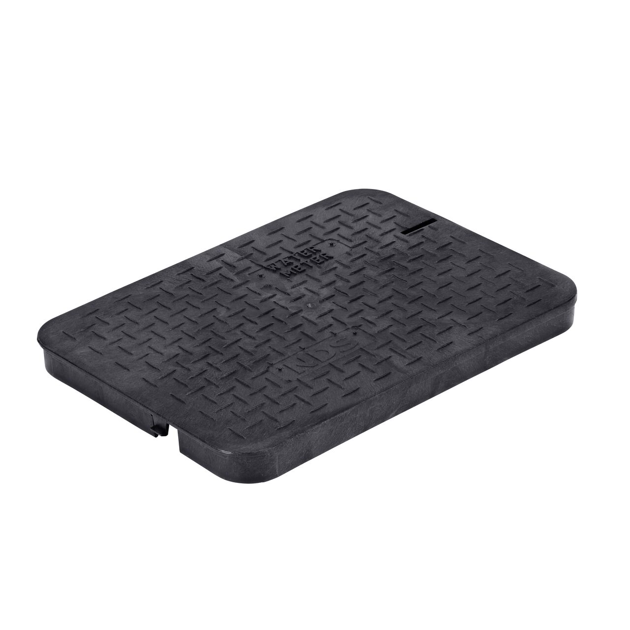 The NDS 13 in. X 20 in. Rectangular AMR Meter Box Cover is a black cover with Water Meter markings on the locking drop-in lid (NDS D15-BAMRL) with a double AMR bottom mount