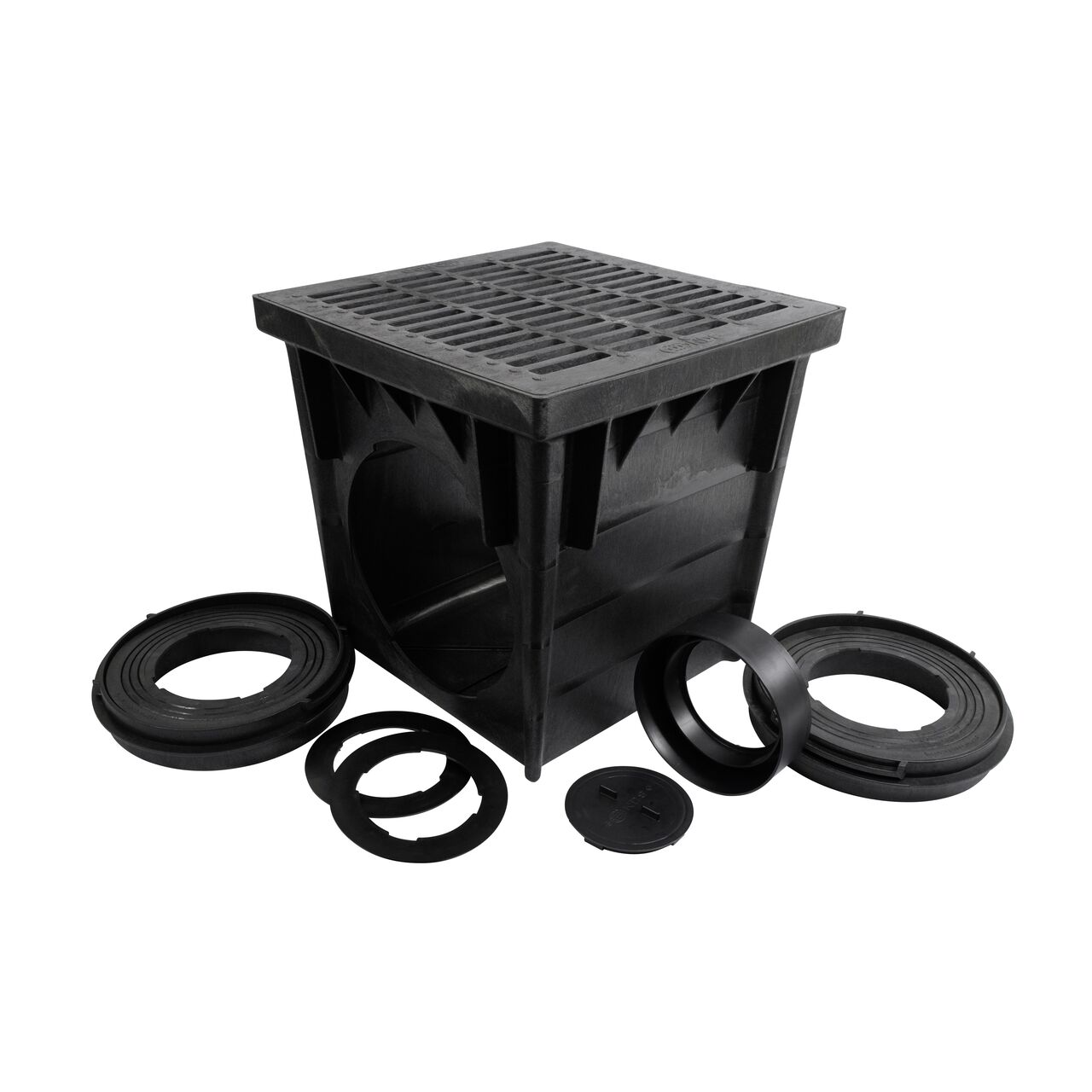 Unassembled Black plastic 24 in. Catch Basin Drain Kit (NDS 2400BLKIT) with a black grate (NDS 2411), adapters (NDS 2410, NDS 1888, NDS 1890) that connects to 8 in. and 10 and 12 in. drainage pipes, and plug (NDS 1206)